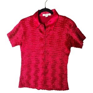 Vintage Womens Top Sz Large Red‎ Pleated Crinkle Button Down Blouse Short Sleeve